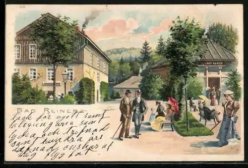 Lithographie Bad Reinerz, Blumenhalle, Laue Quelle, Kurgäste