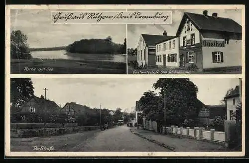 AK Rützow, Gastwirtschaft Otto Schünemann, Dorfstrasse, Partie am See