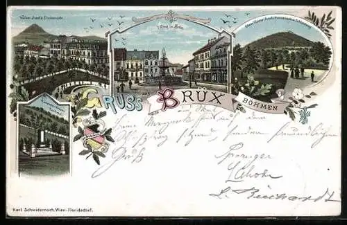 Lithographie Brüx / Böhmen, Kaiser-Josefs-Promenade, I. Ring, Schlossberg