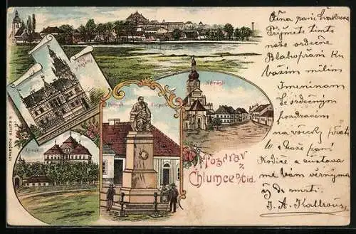Lithographie Chlumec n. Cid., Namesti, Zamek, Pomnik Klicperuv