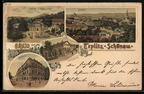 Lithographie Teplitz Schönau / Teplice, Gesamtansicht, Steinbad, Schlangenbad und Neubad