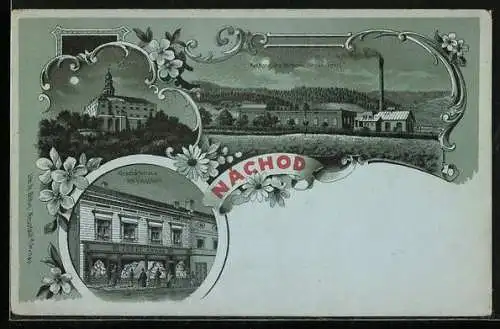 Mondschein-Lithographie Nachod, Geschäftshaus Josef Kraus am Ringplatz, Schloss, Mechan. Weberei Gross-Poric