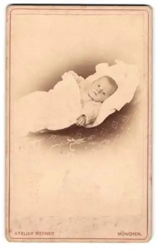 Fotografie Franz Werner, München, Schwanthalerstrasse 1, Baby in weissem Tuch gebettet
