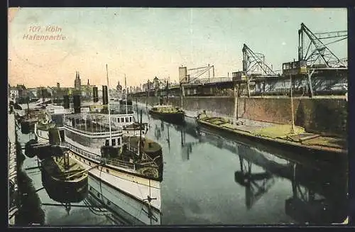 AK Köln, Zahlreiche Dampfer im Hafen liegend