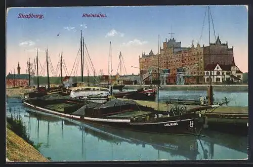 AK Strassburg i. Els., Der Rheinhafen, Frachter Emil Mainz, Speicher