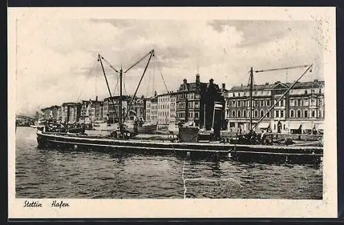 AK Stettin, Hafen mit Binnenfrachtschiffen