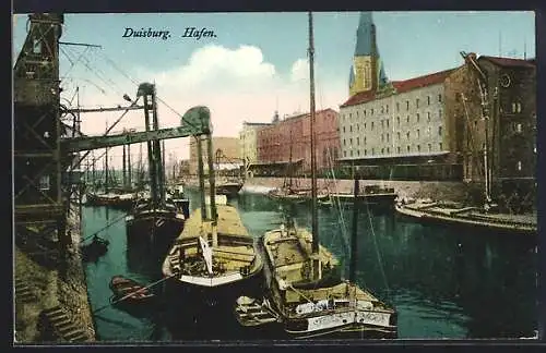 AK Duisburg, Hafen mit Binnenfrachtschiffen und Lastkähnen