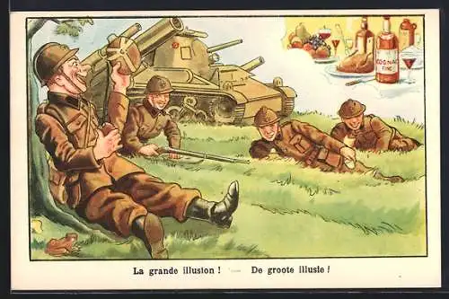 Künstler-AK La grande illusion!, Soldaten denken an ein Festessen