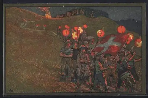 Künstler-AK Schweizer Bundesfeier 1912, Jungendliche auf Marsch mit Fahne und Lampions