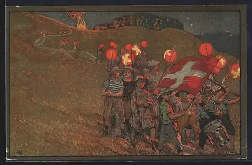AK Schweizer Bundesfeier 1912, Rotes Kreuz, Lampion-Umzug