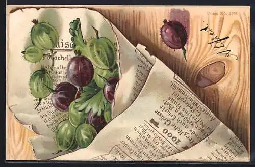 AK Stachelbeeren in Zeitungspapier eingewickelt