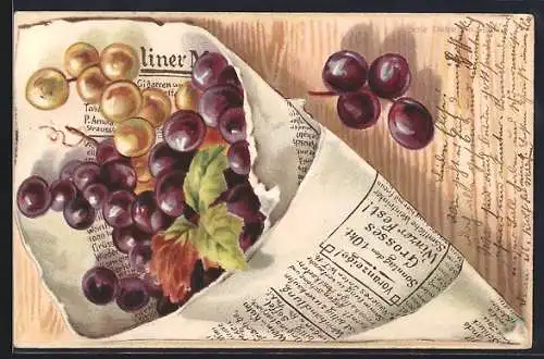 Präge-AK Weintrauben in Zeitung eingewickelt