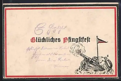 AK Glückliches Pfingstfest, Maikäfer beim Abfeuern von Feldgeschütz