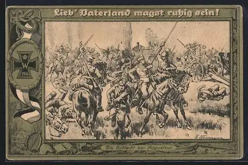 Künstler-AK Augustow, Soldaten im Gefecht, Eisernes Kreuz