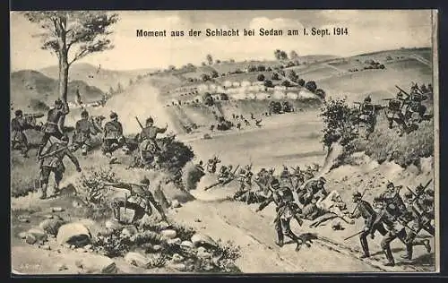 Künstler-AK Sedan, Moment aus der Schlacht bei Sedan am 1 Sept. 1914