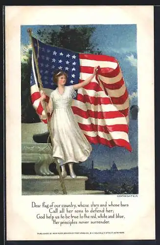 AK Amerika, Dear flag of our country, whose stars and... Mädchen mit US-Flagge