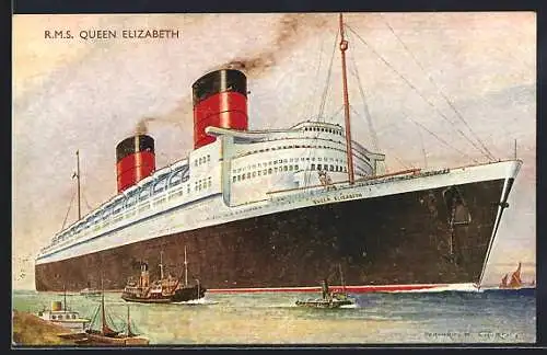 Künstler-AK Passagierschiff RMS Queen Elizabeth im Hafen