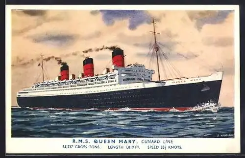 Künstler-AK Passagierschiff R.M.S. Queen Mary der Cunbard Line auf hoher See