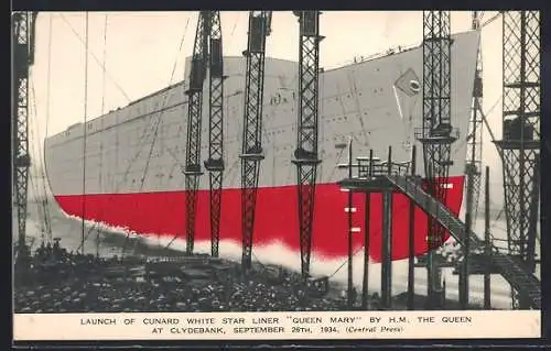 AK Stapellauf des Passagierschiffes Queen Mary der Cunard White Star Line am 26.9.1934