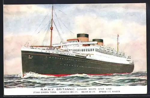 Künstler-AK Passagierschiff R.M.M.V. Britannic in Fahrt auf See, Cunard White Star Line