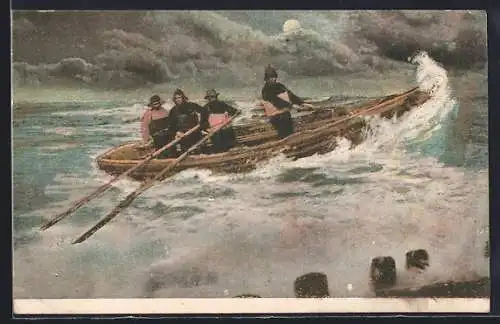 AK Männer mit Schwimmwesten in einem Rettungsboot