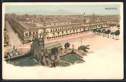 Lithographie Mexico-Stadt, Panorama aus der Vogelschau