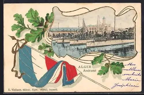 Präge-AK Alger, Amirauté, Passepartout mit Flagge und geprägtem Goldrahmen