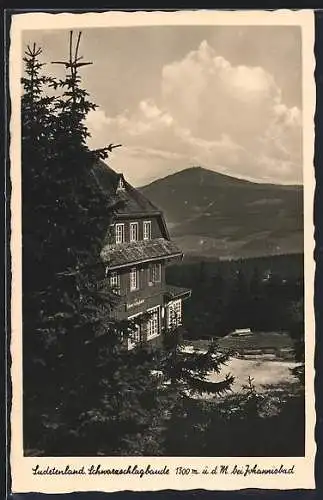 AK Schwarzschlagbaude bei Johannisbad, Blick auf die Baude vom Berghang aus