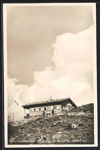 AK Gerlossteinhütte bei Zell, Bes. Max Binder, Blick auf die Hütte mit Jägern