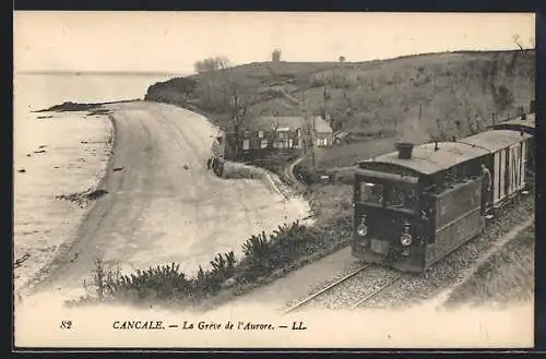 AK Cancale, La Grève de l`Aurore, train longeant la côte
