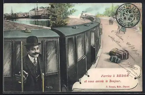 AK Redon, Arrivée du train avec passager souriant et bagages sur le quai