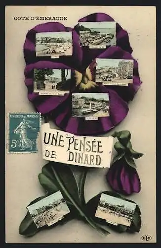 AK Dinard, Côte d`Émeraude, collages de vues locales sur une pensée violette