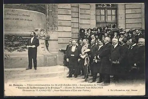 AK Rennes, Discours de M. Chaudet à l`inauguration du monument Union de la Bretagne à la France