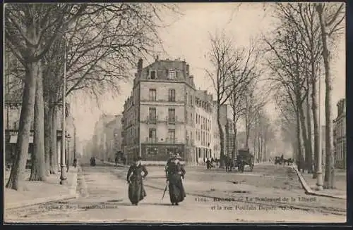 AK Rennes, Le Boulevard de la Liberté et la rue Poullain Duparc