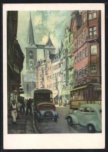 Künstler-AK Alt-Halberstadt, Partie in der Strasse Breiter Weg mit Strassenbahn