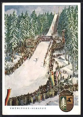 Künstler-AK Oberhof / Thüringen, Skisprung-Wettbewerb auf der Thüringen-Schanze
