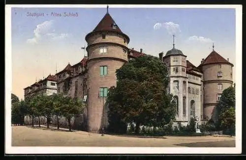 AK Stuttgart, Altes Schloss mit Strassenpartie