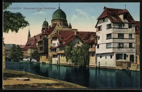 AK Nürnberg, Synagoge, Wasserpartie mit Heubrücke