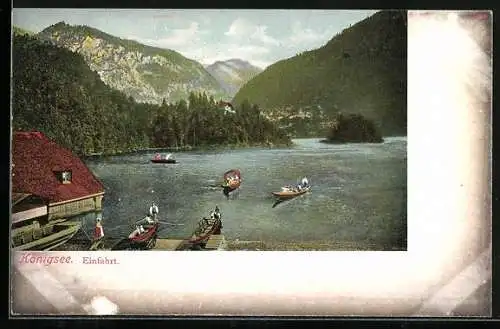 AK Königsee / St. Bartholomä, Ruderboote bei der Einfahrt mit Bergpanorama