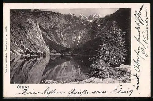 AK Berchtesgaden / Obersee, Seepartie mit Bergpanorama und ebener Spiegelung