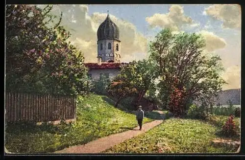AK Fraueninsel, Partie mit Spaziergänger im Frühling