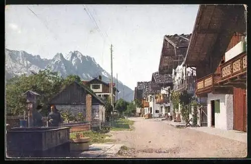 AK Garmisch, Frühlingstrasse, Blick auf Zugspitze und Waxenstein
