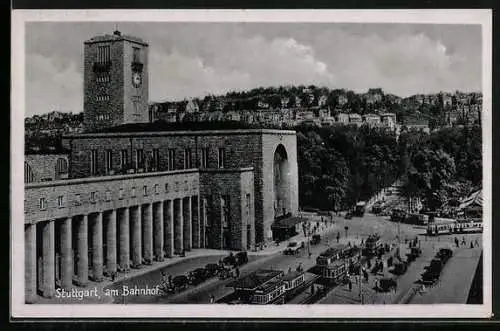AK Stuttgart, Bahnhof mit Strassenbahnen aus der Vogelschau