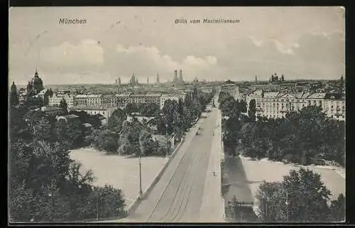 AK München, Blick vom Maximilianeum auf Flusspartie und Strassenbahnschienen