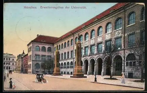 AK München, Erweiterungsbau der Universität mit Auto auf Strassenpartie