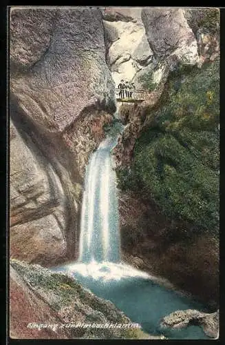 AK Almbachklamm, Partie beim Eingang mit Wasserfall und Besuchern