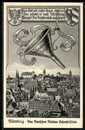 AK Nürnberg, Ortsansicht mit Nürnberger Trichter und Wappen