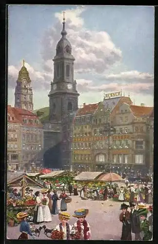 AK Dresden, Altmarkt mit Blumenmarkt, Kreuzkirche & Rathausturm