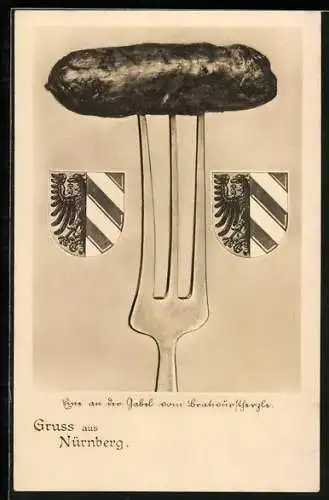 AK Nürnberg, Nürnberger Bratwurst auf Gabel mit Wappen, Gruss aus dem Bratwurstherzle, Inh. Hans Beckstein