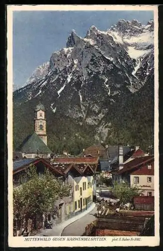 AK Mittenwald, Ortsansicht mit den Karwendelspitzen